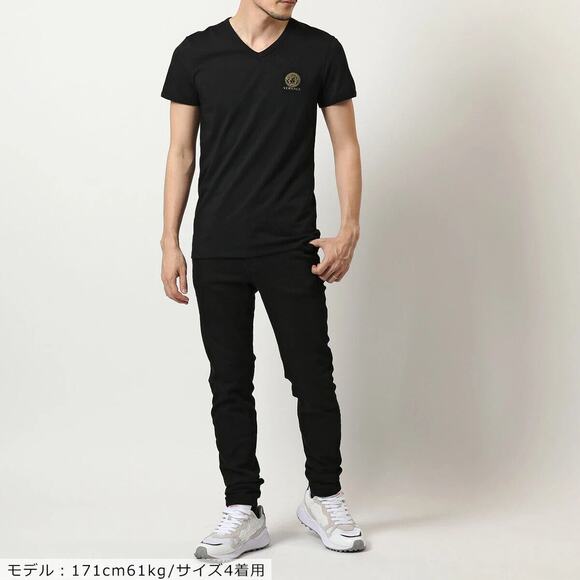 Versace T-Shirt Men's 4/ M Black Cotton Stretch Medusa Logo V-Neck NWT - Picture 3 of 14